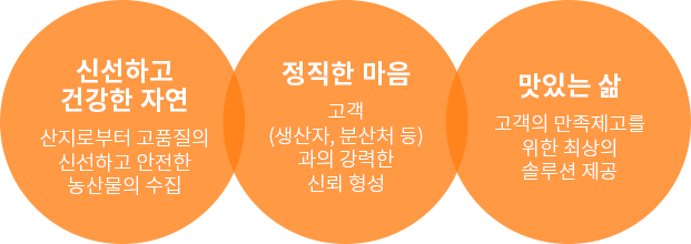 신선하고 건강한 자연:산지로부터 고품질의 신선하고 안전한 농산물의 수입, 정직한 마음:고객(생산자,분산처 등)과의 강력한 신뢰 형성, 맛있는 삶:고객의 만족제고를 위한 최상의 솔루션 제공